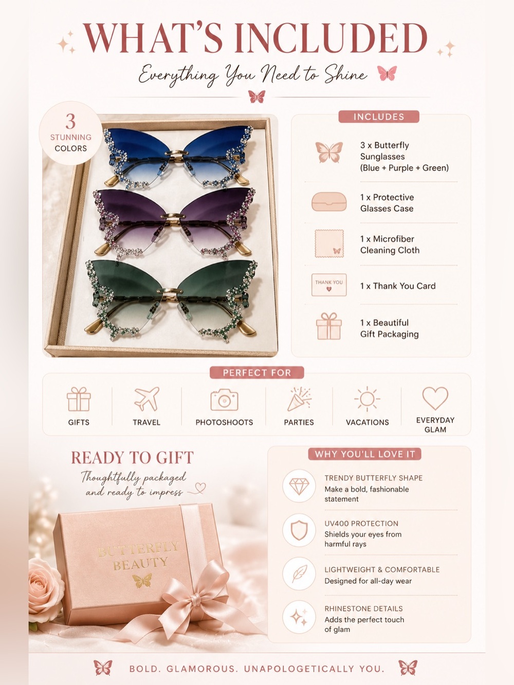 Sanrio green Ombre Butterfly Rhinestone Sunglasses - Picture 6 of 7